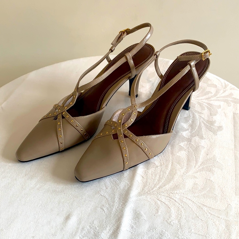 Taupe closed toe sling back heels - size 9.5